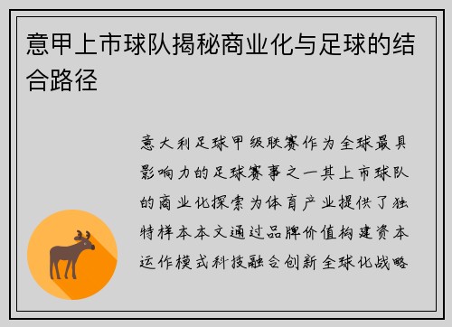 意甲上市球队揭秘商业化与足球的结合路径