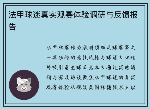 法甲球迷真实观赛体验调研与反馈报告