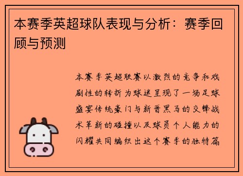 本赛季英超球队表现与分析：赛季回顾与预测