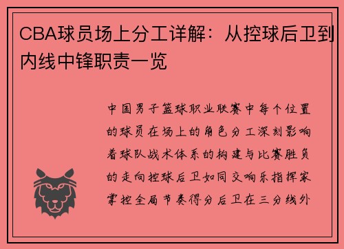 CBA球员场上分工详解：从控球后卫到内线中锋职责一览